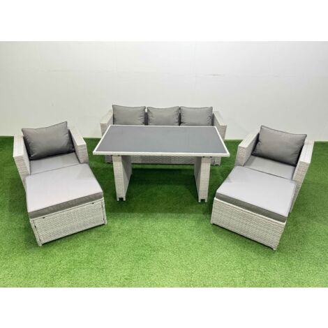 Fimous Patio Garden Furniture Sets with Black Glass Top Dining Table Armchair 3 Seater Sofa 2 Big Stool Light Grey