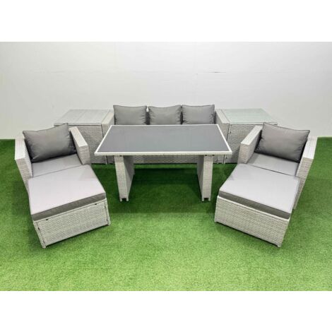 Fimous Patio Garden Furniture Sets with Black Glass Top Dining Table Armchair 3 Seater Sofa 2 Side Tables 2 Big Stool Light Grey