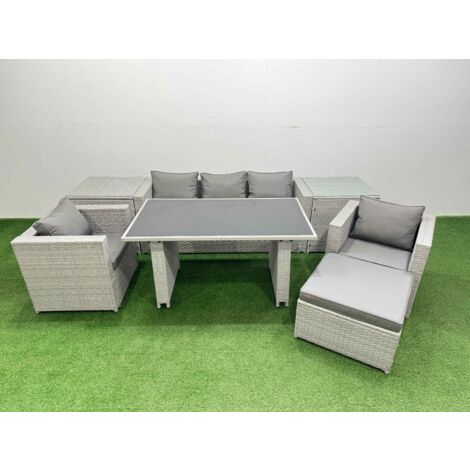 Fimous Patio Garden Furniture Sets with Black Glass Top Dining Table Armchair 3 Seater Sofa 2 Side Tables Big Stool Light Grey