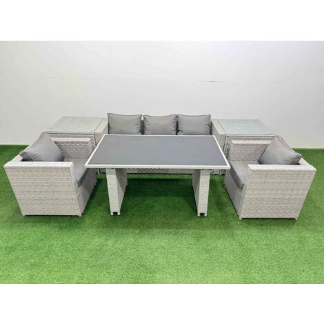 Fimous Patio Garden Furniture Sets with Black Glass Top Dining Table Armchair 3 Seater Sofa 2 Side Tables Light Grey