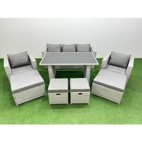 Fimous Patio Garden Furniture Sets with Black Glass Top Dining Table Armchair 3 Seater Sofa 4 Stools Light Grey