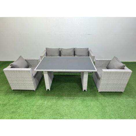 Fimous Patio Garden Furniture Sets with Black Glass Top Dining Table Armchair 3 Seater Sofa Light Grey