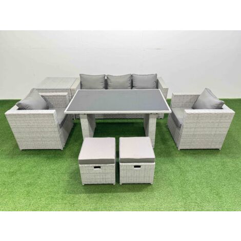 Fimous Patio Garden Furniture Sets with Black Glass Top Dining Table Armchair 3 Seater Sofa Side Table 2 Small Stool Light Grey