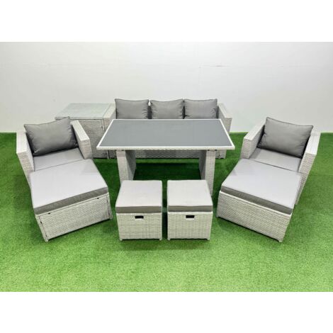 Fimous Patio Garden Furniture Sets with Black Glass Top Dining Table Armchair 3 Seater Sofa Side Table 4 Stools Light Grey