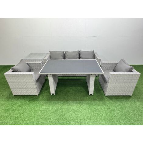 Fimous Patio Garden Furniture Sets with Black Glass Top Dining Table Armchair 3 Seater Sofa Side Table Light Grey