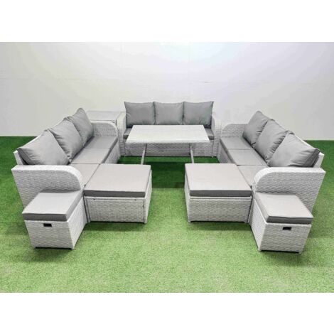 Fimous Patio Garden Furniture Sets with Dining Table 3 Seater Sofa Side Table 4 Stool Light Grey