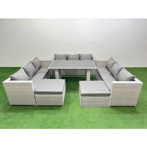 Fimous Patio Outdoor Garden Furniture Sets with Black Glass Top Dining Table 3 Seater Sofa 2 Big Stool Light Grey