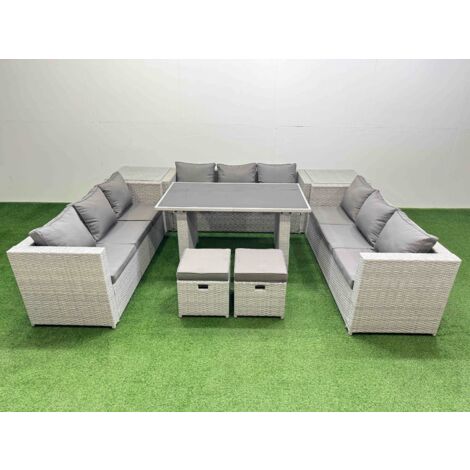 Fimous Patio Outdoor Garden Furniture Sets with Black Glass Top Dining Table 3 Seater Sofa 2 Side Tables 2 Small Stool Light Grey