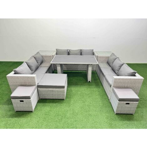 Fimous Patio Outdoor Garden Furniture Sets with Black Glass Top Dining Table 3 Seater Sofa 2 Side Tables 3 Stool Light Grey