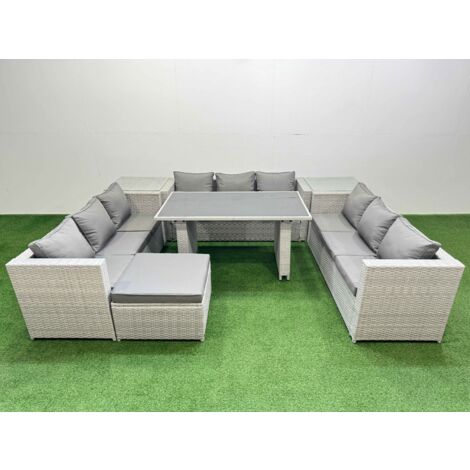 Fimous Patio Outdoor Garden Furniture Sets with Black Glass Top Dining Table 3 Seater Sofa 2 Side Tables Big Stool Light Grey