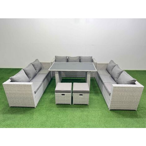 Fimous Patio Outdoor Garden Furniture Sets with Black Glass Top Dining Table 3 Seater Sofa 2 Small Stool Light Grey
