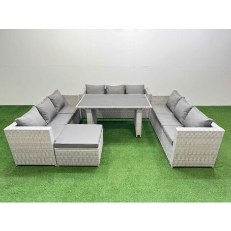 Fimous Patio Outdoor Garden Furniture Sets with Black Glass Top Dining Table 3 Seater Sofa Big Stool Light Grey
