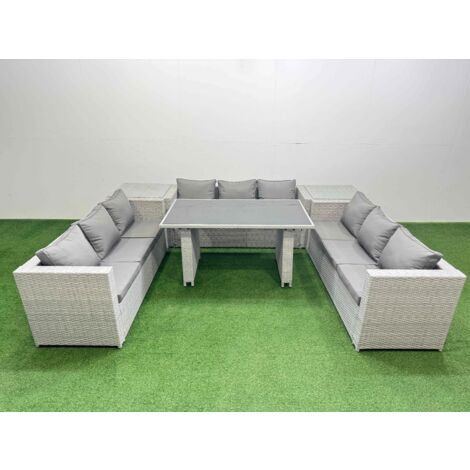 Fimous Patio Outdoor Garden Furniture Sets with Black Glass Top Dining Table 3 Seater Sofa Light Grey