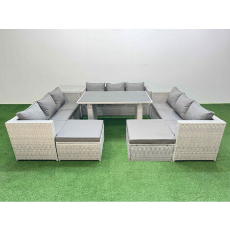 Fimous Patio Outdoor Garden Furniture Sets with Black Glass Top Dining Table 3 Seater Sofa Side Table 2 Big Stool Light Grey