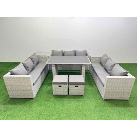 Fimous Patio Outdoor Garden Furniture Sets with Black Glass Top Dining Table 3 Seater Sofa Side Table 2 Small Stool Light Grey