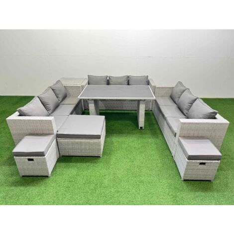 Fimous Patio Outdoor Garden Furniture Sets with Black Glass Top Dining Table 3 Seater Sofa Side Table 3 Stool Light Grey