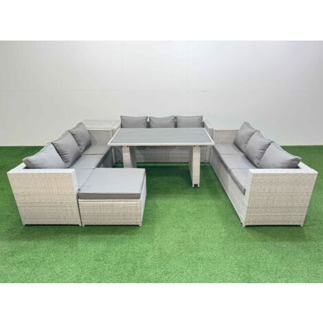 Fimous Patio Outdoor Garden Furniture Sets with Black Glass Top Dining Table 3 Seater Sofa Side Table Big Stool Light Grey