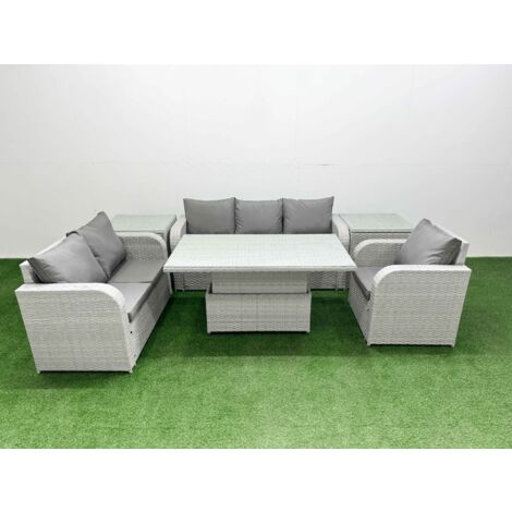 Fimous Patio PE Wicker 6 Seater Outdoor Rattan Furniture Sofa Sets with Adjustable Lifting Dining or Coffee Table Reclining Chair Loveseat Sofa 3 Seater Sofa 2 Side Table Light Grey