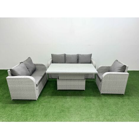 Fimous Patio PE Wicker 6 Seater Outdoor Rattan Furniture Sofa Sets with Adjustable Lifting Dining or Coffee Table Reclining Chair Loveseat Sofa 3 Seater Sofa Light Grey