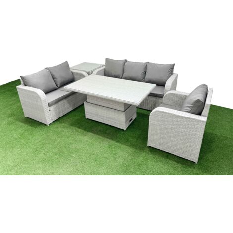 Fimous Patio PE Wicker 6 Seater Outdoor Rattan Furniture Sofa Sets with Adjustable Lifting Dining or Coffee Table Reclining Chair Loveseat Sofa 3 Seater Sofa Side Table Light Grey