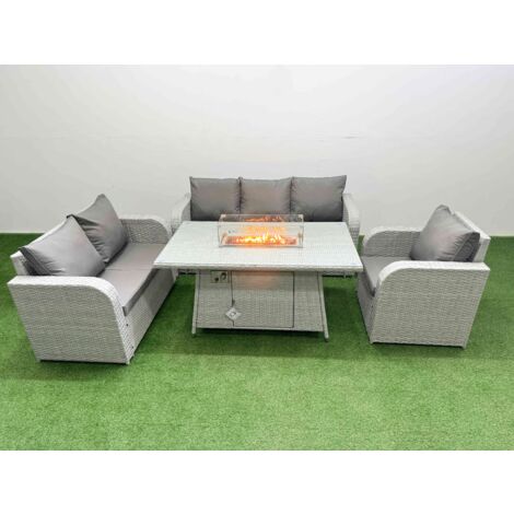 Fimous Patio PE Wicker 6 Seater Outdoor Rattan Furniture Sofa Sets with Firepit Dining Table Reclining Chair Loveseat Sofa 3 Seater Sofa Light Grey