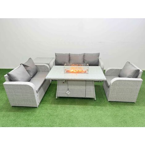 Fimous Patio PE Wicker 6 Seater Outdoor Rattan Furniture Sofa Sets with Firepit Dining Table Reclining Chair Loveseat Sofa 3 Seater Sofa Side Table Light Grey