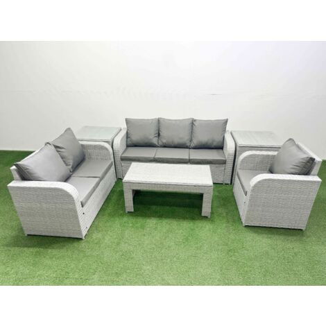 Fimous Patio PE Wicker 6 Seater Outdoor Rattan Furniture Sofa Sets with Oblong Coffee Table Reclining Chair Loveseat Sofa 3 Seater Sofa 2 Side Table Light Grey