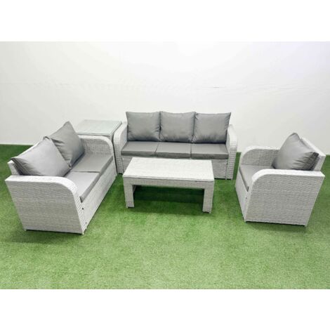 Fimous Patio PE Wicker 6 Seater Outdoor Rattan Furniture Sofa Sets with Oblong Coffee Table Reclining Chair Loveseat Sofa 3 Seater Sofa Side Table Light Grey