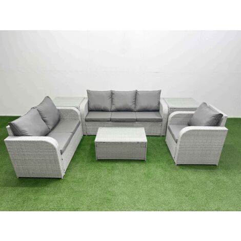 Fimous Patio PE Wicker 6 Seater Outdoor Rattan Furniture Sofa Sets with Rectangular Coffee Table Reclining Chair Loveseat Sofa 3 Seater Sofa 2 Side Table Light Grey