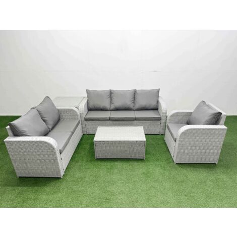 Fimous Patio PE Wicker 6 Seater Outdoor Rattan Furniture Sofa Sets with Rectangular Coffee Table Reclining Chair Loveseat Sofa 3 Seater Sofa Side Table Light Grey