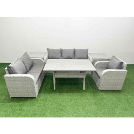 Fimous Patio PE Wicker 6 Seater Outdoor Rattan Furniture Sofa Sets with Rectangular Dining Table Reclining Chair Loveseat Sofa 3 Seater Sofa 2 Side Table Light Grey