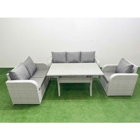 Fimous Patio PE Wicker 6 Seater Outdoor Rattan Furniture Sofa Sets with Rectangular Dining Table Reclining Chair Loveseat Sofa 3 Seater Sofa Light Grey