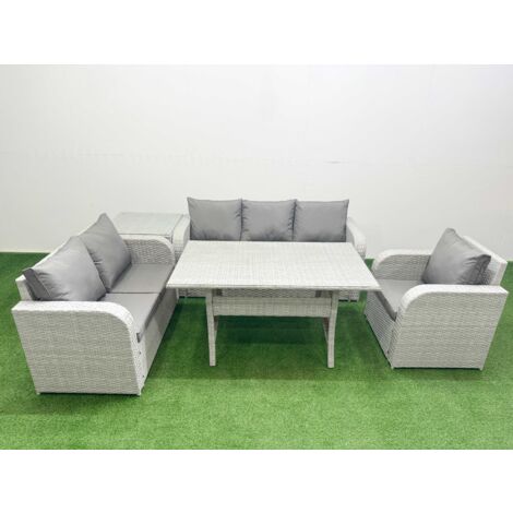 Fimous Patio PE Wicker 6 Seater Outdoor Rattan Furniture Sofa Sets with Rectangular Dining Table Reclining Chair Loveseat Sofa 3 Seater Sofa Side Table Light Grey