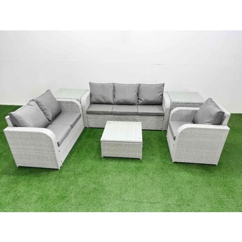 Fimous Patio PE Wicker 6 Seater Outdoor Rattan Furniture Sofa Sets with Square Coffee Table Reclining Chair Loveseat Sofa 3 Seater Sofa 2 Side Table Light Grey