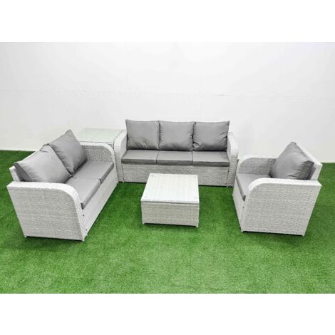 Fimous Patio PE Wicker 6 Seater Outdoor Rattan Furniture Sofa Sets with Square Coffee Table Reclining Chair Loveseat Sofa 3 Seater Sofa Side Table Light Grey