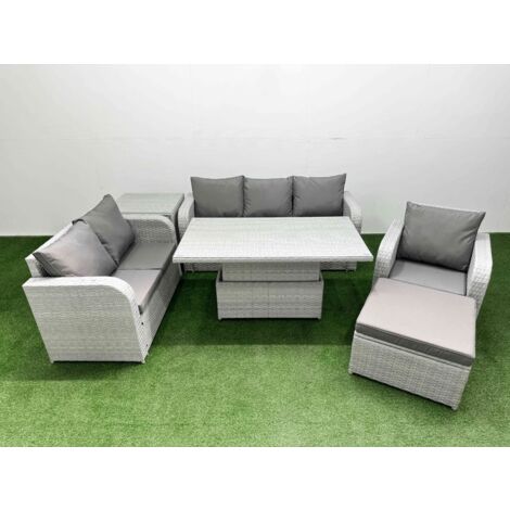 Fimous Patio PE Wicker 7 Seater Outdoor Rattan Furniture Sofa Sets with Adjustable Lifting Dining or Coffee Table Reclining Chair Loveseat Sofa 3 Seater Sofa Big Footstool Side Table Light Grey