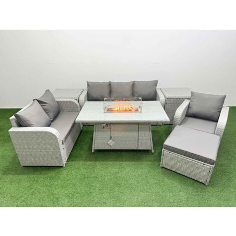Fimous Patio PE Wicker 7 Seater Outdoor Rattan Furniture Sofa Sets with Firepit Dining Table Reclining Chair Loveseat Sofa 3 Seater Sofa Big Footstool 2 Side Table Light Grey