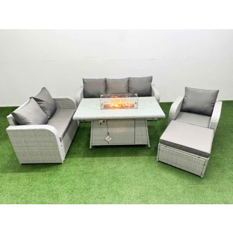 Fimous Patio PE Wicker 7 Seater Outdoor Rattan Furniture Sofa Sets with Firepit Dining Table Reclining Chair Loveseat Sofa 3 Seater Sofa Big Footstool Light Grey