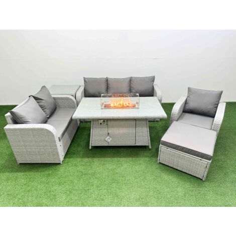Fimous Patio PE Wicker 7 Seater Outdoor Rattan Furniture Sofa Sets with Firepit Dining Table Reclining Chair Loveseat Sofa 3 Seater Sofa Big Footstool Side Table Light Grey