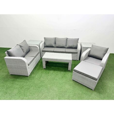 Fimous Patio PE Wicker 7 Seater Outdoor Rattan Furniture Sofa Sets with Oblong Coffee Table Reclining Chair Loveseat Sofa 3 Seater Sofa Big Footstool 2 Side Table Light Grey