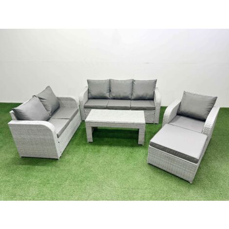 Fimous Patio PE Wicker 7 Seater Outdoor Rattan Furniture Sofa Sets with Oblong Coffee Table Reclining Chair Loveseat Sofa 3 Seater Sofa Big Footstool Light Grey