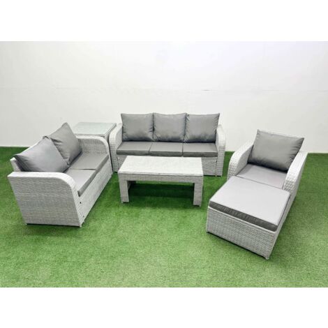 Fimous Patio PE Wicker 7 Seater Outdoor Rattan Furniture Sofa Sets with Oblong Coffee Table Reclining Chair Loveseat Sofa 3 Seater Sofa Big Footstool Side Table Light Grey