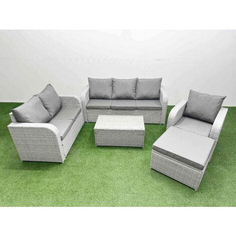 Fimous Patio PE Wicker 7 Seater Outdoor Rattan Furniture Sofa Sets with Rectangular Coffee Table Reclining Chair Loveseat Sofa 3 Seater Sofa Big Footstool Light Grey