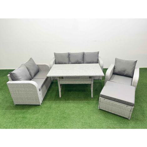 Fimous Patio PE Wicker 7 Seater Outdoor Rattan Furniture Sofa Sets with Rectangular Dining Table Reclining Chair Loveseat Sofa 3 Seater Sofa Big Footstool Light Grey