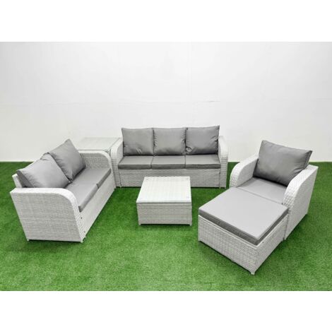 Fimous Patio PE Wicker 7 Seater Outdoor Rattan Furniture Sofa Sets with Square Coffee Table Reclining Chair Loveseat Sofa 3 Seater Sofa Big Footstool Side Table Light Grey
