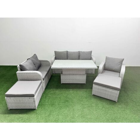 Fimous Patio PE Wicker 8 Seater Outdoor Rattan Furniture Sofa Sets with Adjustable Lifting Dining or Coffee Table Reclining Chair Loveseat Sofa 3 Seater Sofa 2 Big Footstools Light Grey