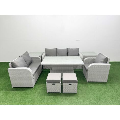 Fimous Patio PE Wicker 8 Seater Outdoor Rattan Furniture Sofa Sets with Adjustable Lifting Dining or Coffee Table Reclining Chair Loveseat Sofa 3 Seater Sofa Stool 2 Side Table Light Grey