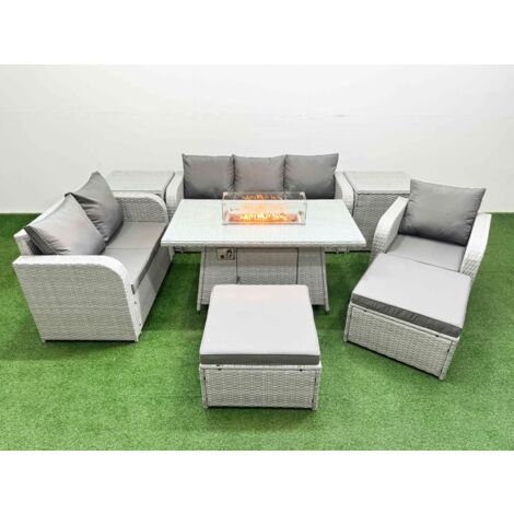 Fimous Patio PE Wicker 8 Seater Outdoor Rattan Furniture Sofa Sets with Firepit Dining Table Reclining Chair Loveseat Sofa 3 Seater Sofa 2 Big Footstools 2 Side Table  Light Grey