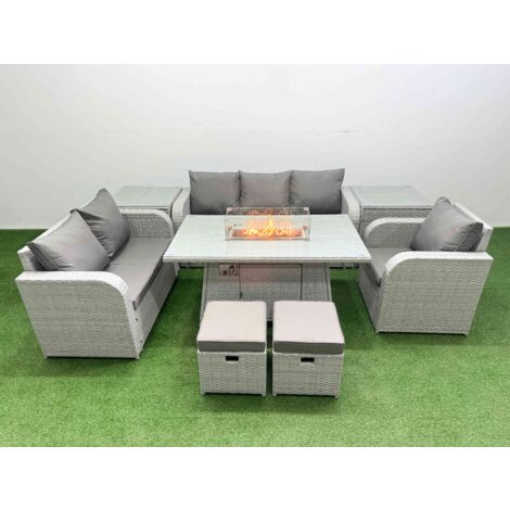 Fimous Patio PE Wicker 8 Seater Outdoor Rattan Furniture Sofa Sets with Firepit Dining Table Reclining Chair Loveseat Sofa 3 Seater Sofa Stool 2 Side Table Light Grey