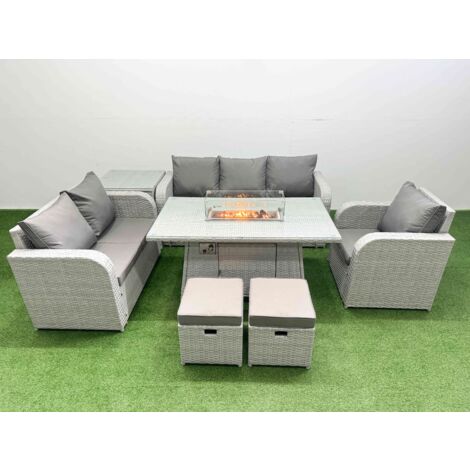 Fimous Patio PE Wicker 8 Seater Outdoor Rattan Furniture Sofa Sets with Firepit Dining Table Reclining Chair Loveseat Sofa 3 Seater Sofa Stool Side Table Light Grey